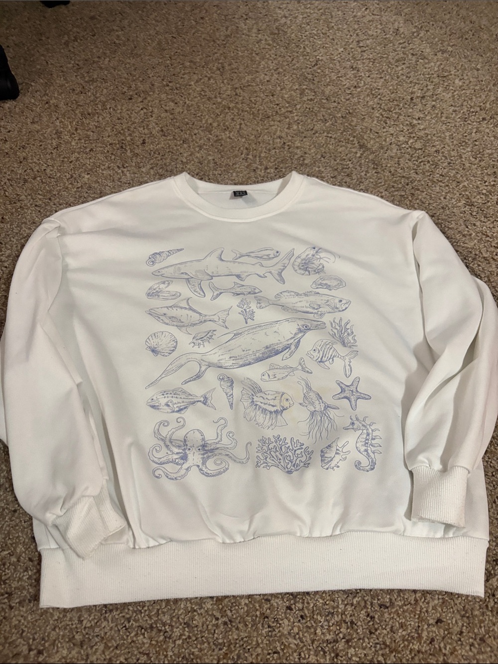 SHEIN White Crewneck Sweatshirt with Light Blue Marine Sketches